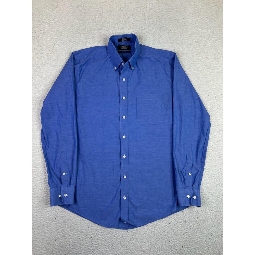 Nordstrom Shirt Mens 15.5 34/35 Blue Solid Trim Fit Non Iron Dress Long Sleeve